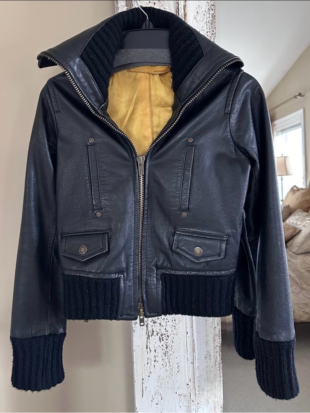Twill Twenty Two Leather Bomber with Wool Trim